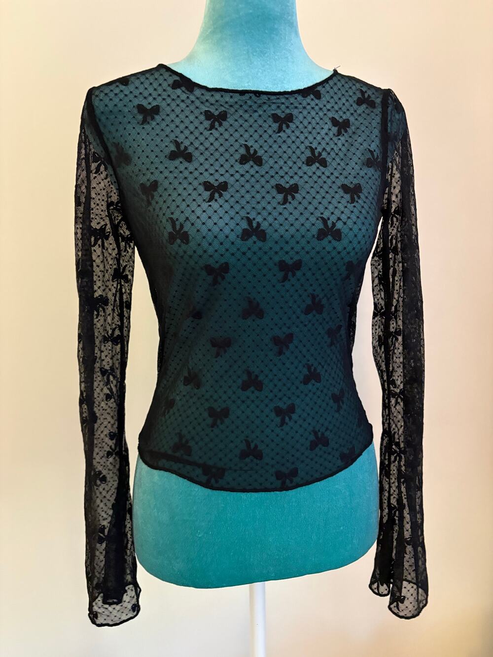 Black Sheer Mesh Bow Top Long Sleeve Coquette Balletcore Party